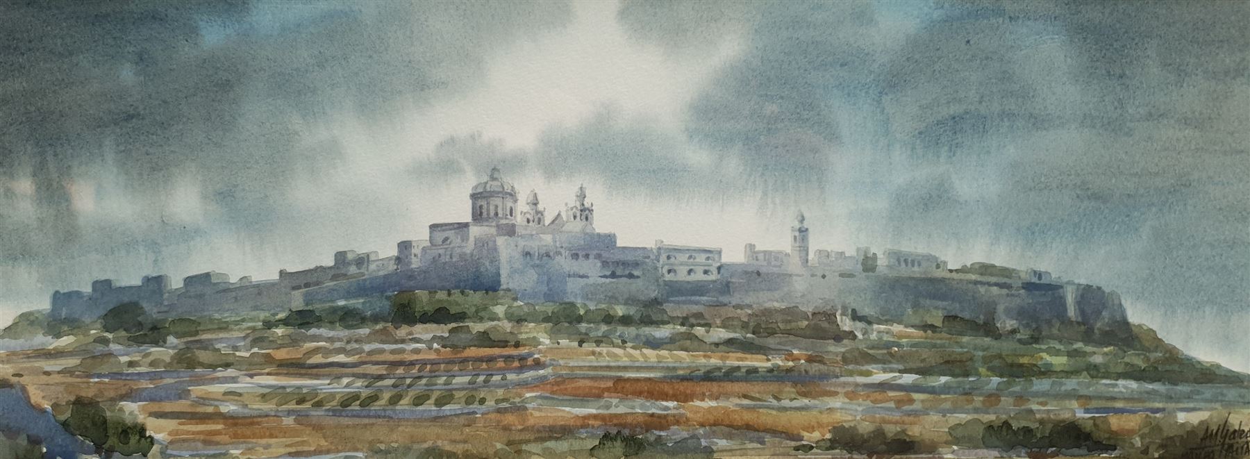 Aldo M Galea (Maltese 1953-): 'The Silent City Mdina', watercolour signed and dated 1989, 15cm x 40cm