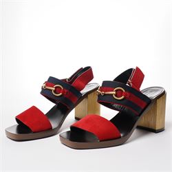 Gucci - pair of heeled sandals, with red suede front straps and indigo and red web stripe ...