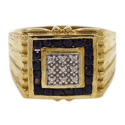  9ct gold gentleman's sapphire and diamond ring, square setting, hallmarked  
