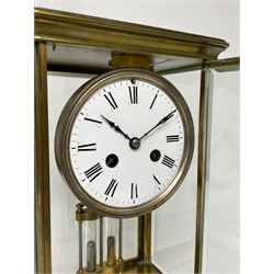 French late 19th-century 8-day four-glass clock, in a cornice style case with bevelled glass panels, white enamel dial with roman numerals and minute markers, steel arrow-hands with a Parisian rack striking movement, striking the hours and half-hours on a bell, twin file mercury pendulum.