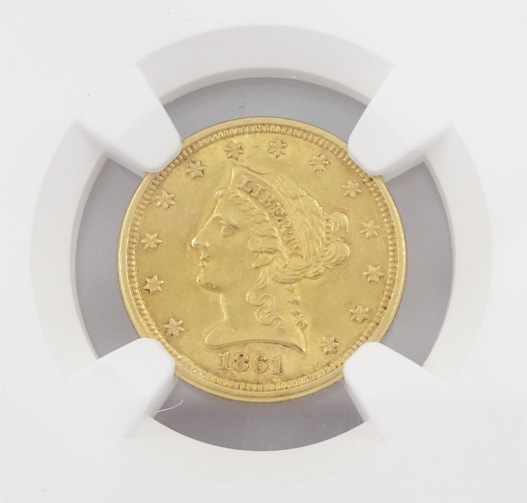 United States of America 1861 Liberty head type 2 gold two and a half dollar coin, encapsulated and graded MS60 by NGC