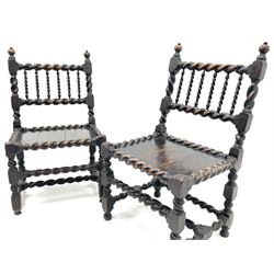Unusual pair late 17th century oak spindle-back chairs, barley twist or spiral turned throughout, the back with a row of six vertical turned spindles, the supports joined by two lower rails and front central rail, plank seats

Provenance - The chairs illustrated in 'Early British Chairs and Seats 1500-1700' by Tobias Jellinek (Pub: Antique Collectors Club. 2009. p 313). Previous part of a private collection. Vendor purchased from auction 2014.

Measurements - seat width - 48cm, seat height - 38cm/36cm, depth - 50cm, total height - 85cm/82cm