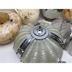 Two Art Deco mottled glass fly catcher ceiling light shades, together with two other 1930s moulded glass ceiling light shades and two Victorian style wash jugs, largest shade D33cm