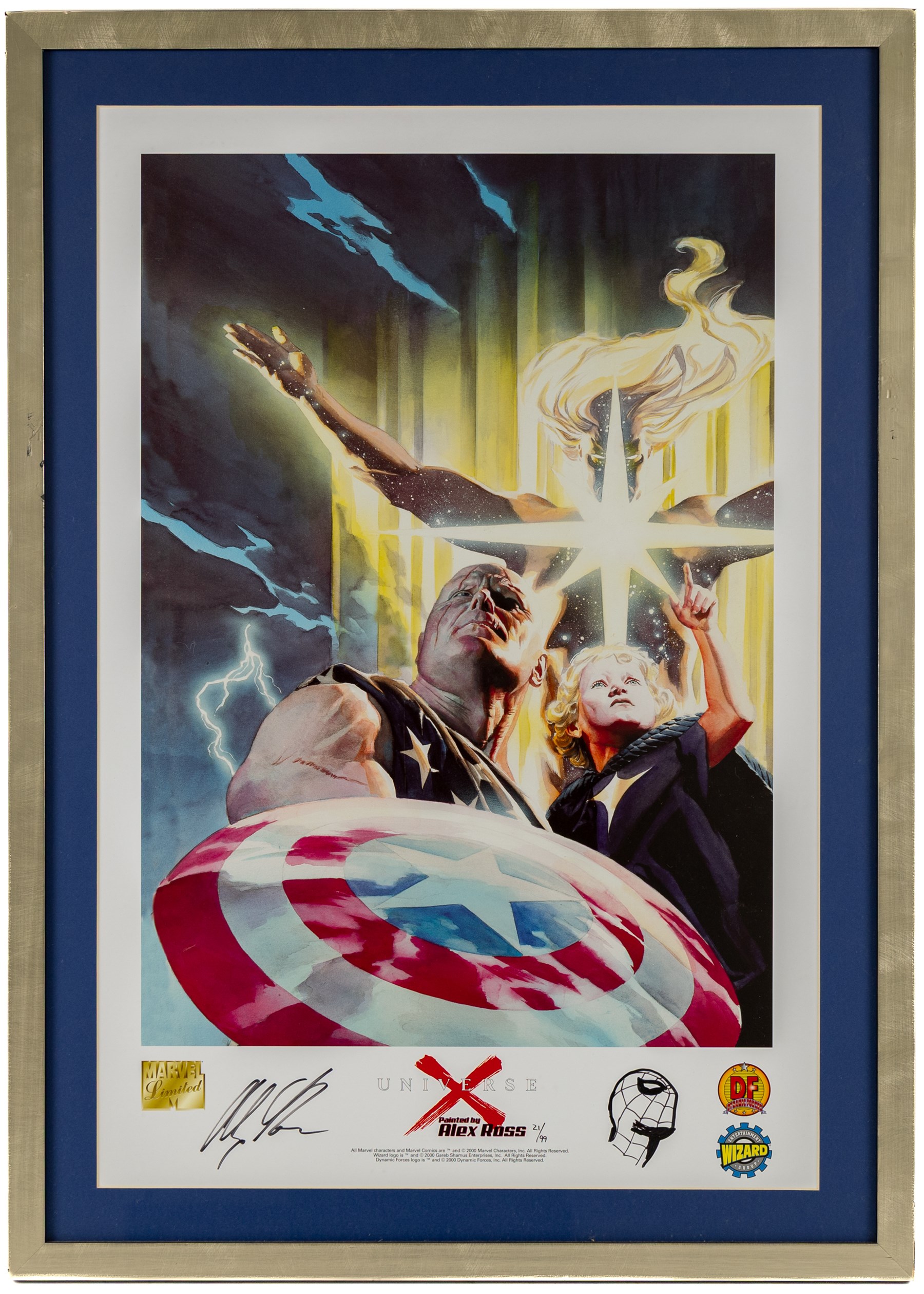 Four limited edition Dynamic Forces Marvel prints, comprising Universe X Premiere lithograph remarked and signed by artist Alex Cross limited no. 21/99, X-Men Death of Phoenix signed by artist Jae Lee, limited no. 7/1980, both with certificate of authenticity and two unsigned prints The Punisher and The Xmen, largest H67cm, W38cm (4)