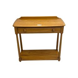 Lucian Ercolani for Ercol - mid 20th century light elm console table, rectangular top with raised gallery back over full-width frieze drawers, raised on tapered supports united by undertier 