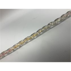 Victorian glass walking cane, probably Nailsea,  the wrythen twist shaft with ball knop, filled with alternating bands of pink, white and yellow sugar beads, L124cm