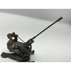 German Lineol Flak Artillery Gun on revolving base H11cm; four other Lineol WW2 German soldiers; and three Elastolin German soldiers including reclining radio operator (8)