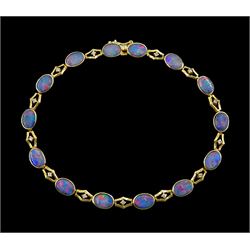 14ct gold opal and round brilliant cut diamond bracelet, stamped