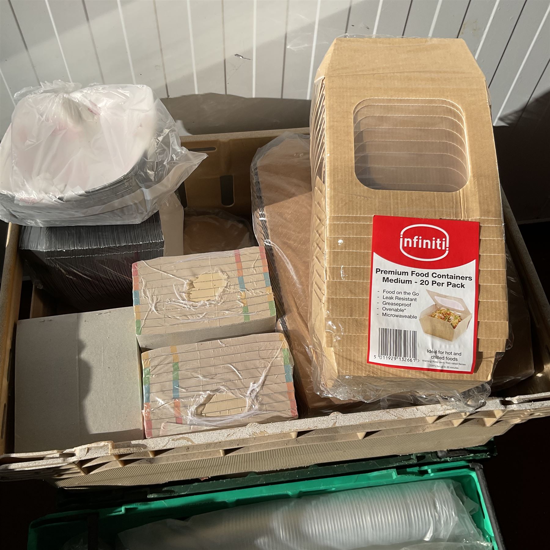 Various takeaway food containers, plastic cups, wooden stirrers, forks, sauce pots and other in 6 trays with dolly - THIS LOT IS TO BE COLLECTED BY APPOINTMENT FROM DUGGLEBY STORAGE, GREAT HILL, EASTFIELD, SCARBOROUGH, YO11 3TX
