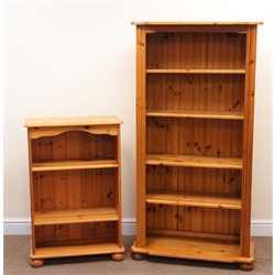  Pine open bookcase, four shelves, bun feet (W79cm, H154cm, D37cm) and similar bookcase (20  
