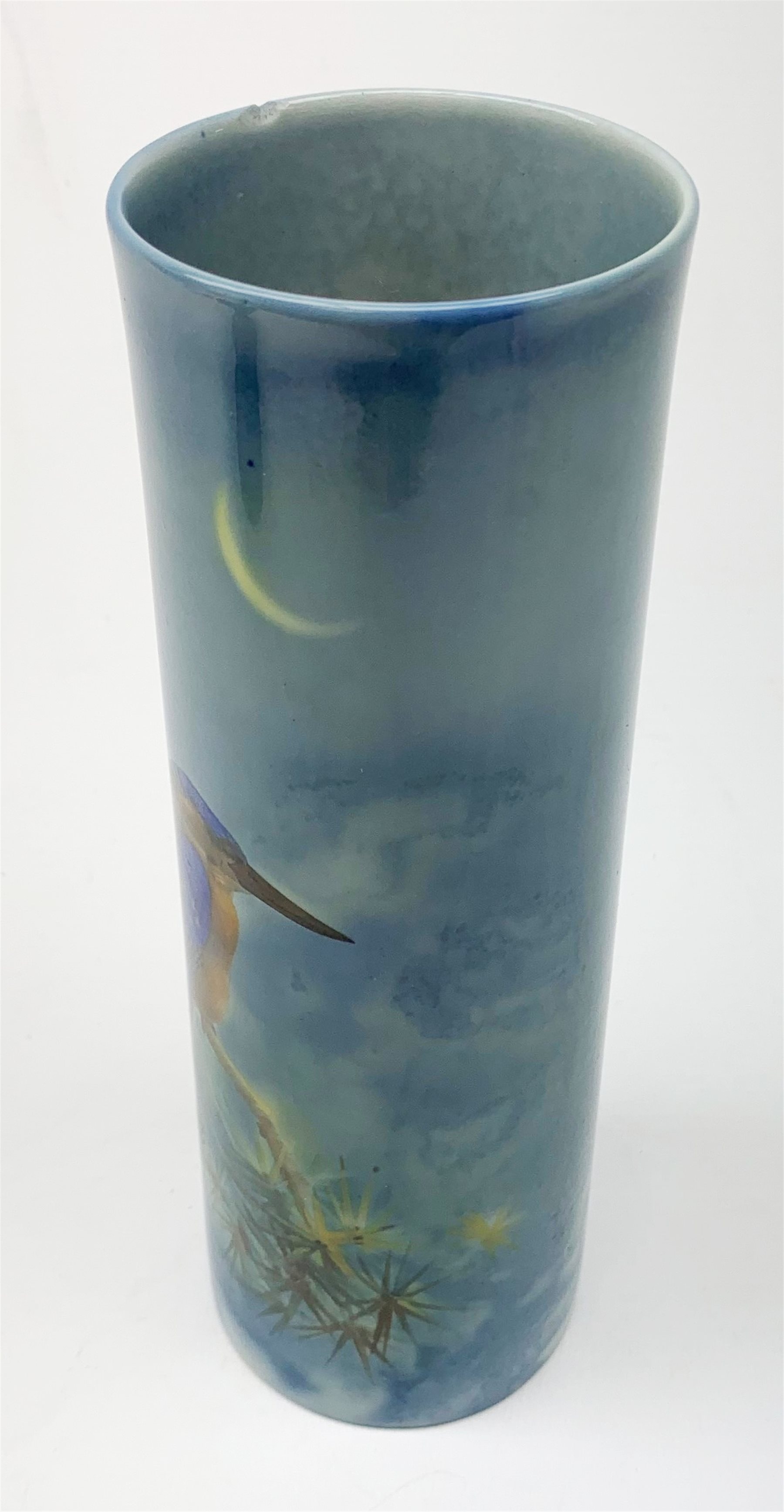 Royal Doulton Titanian Ware vase, painted by Harry Allen, of cylindrical form decorated with a Kingfisher perched upon a branch beneath a crescent moon, signed H. Allen, with printed mark beneath and painted mark 'Kingfisher 2846', H21cm