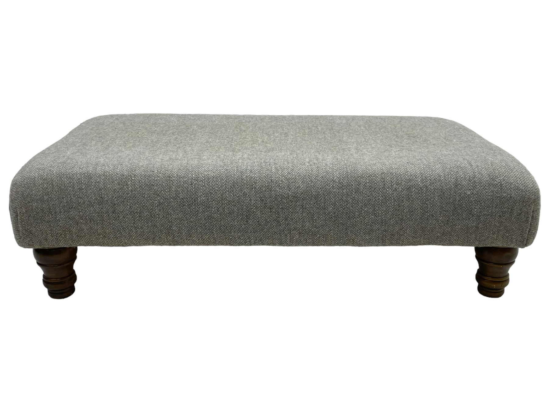 Interiors at Nine to Eleven - traditional rectangular footstool, the padded seat upholstered in neutral grey 'Harris Tweed' fabric, raised on turned feet