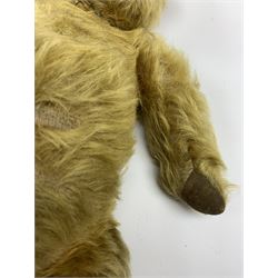 Early 20th century English teddy bear, WW1 period, with wood wool filled mohair body, fixed head with one boot button eye and vertically stitched nose and mouth and jointed limbs with cloth paw pads H16