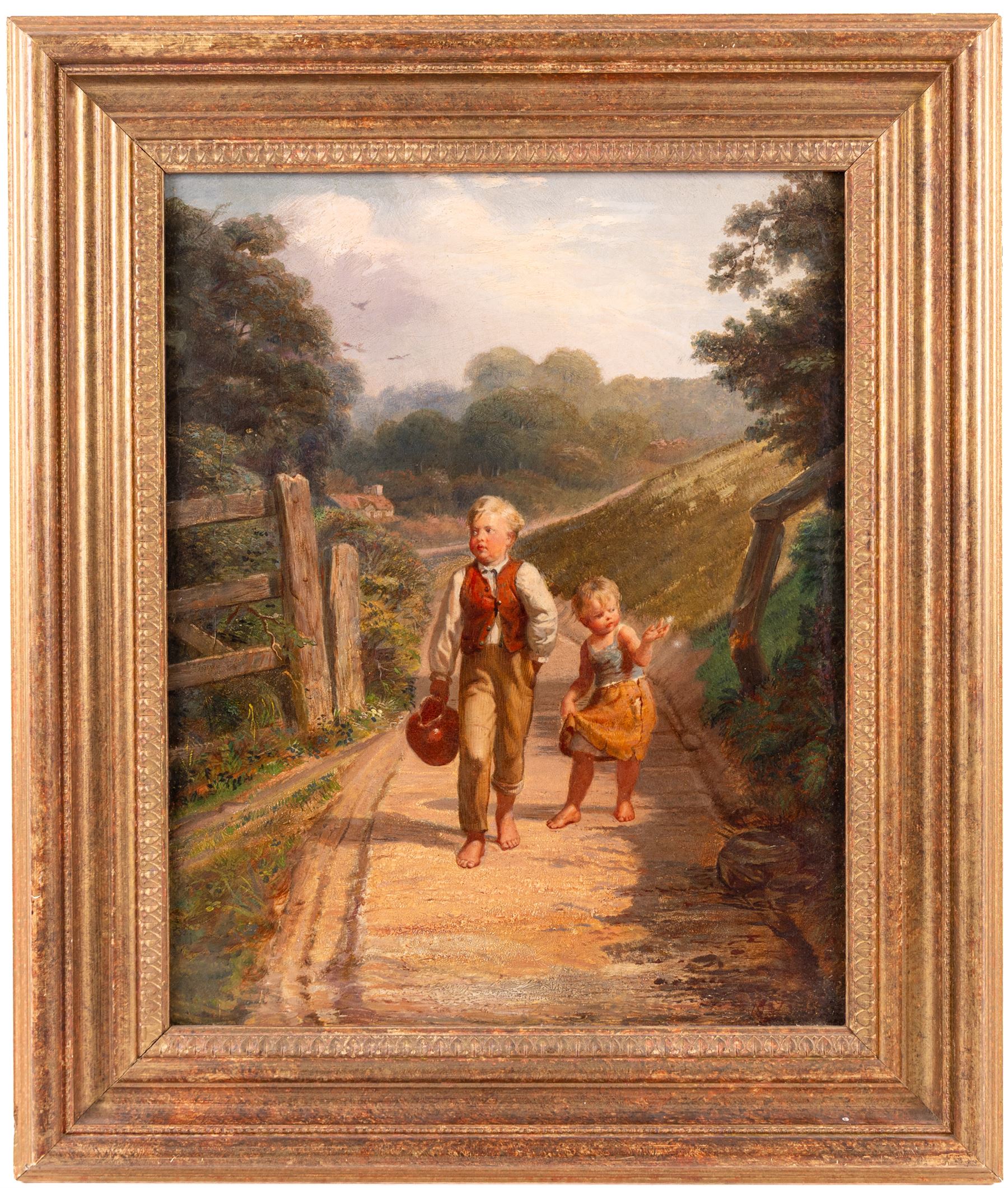 William Bromley III (British 1816-1890): Two Children on a Country Lane, oil on canvas dated 1867 in the artist's hand, indistinctly inscribed verso 37cm x 29cm