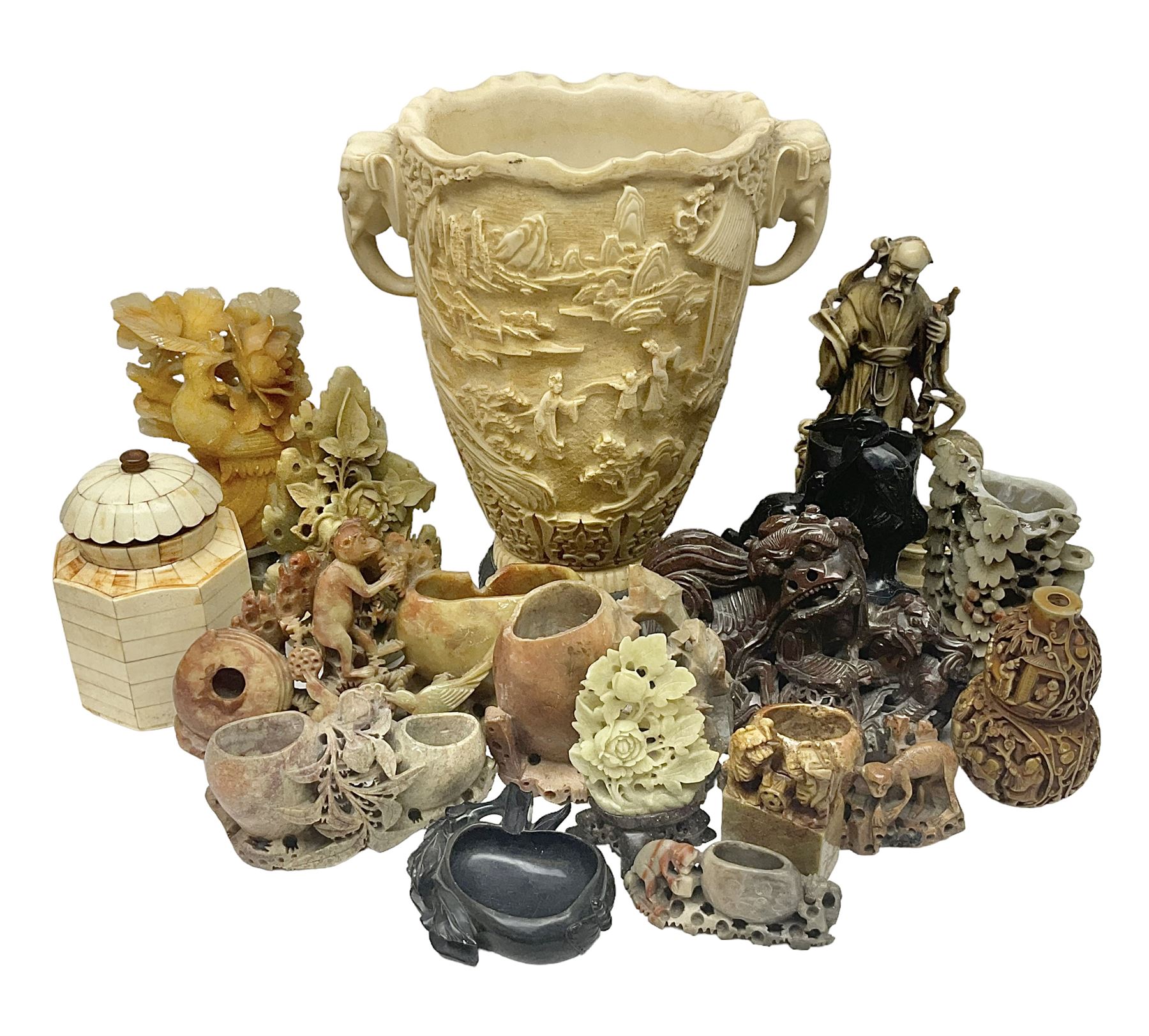 Collection of hardstone and soapstone, including hardstone seal carved temple dogs finial, inscription on base, together with inkwells, vases etc  