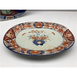 Two 19th century Japanese Imari pattern oval charger together with another circular Imari charger, circular charger D31cm 