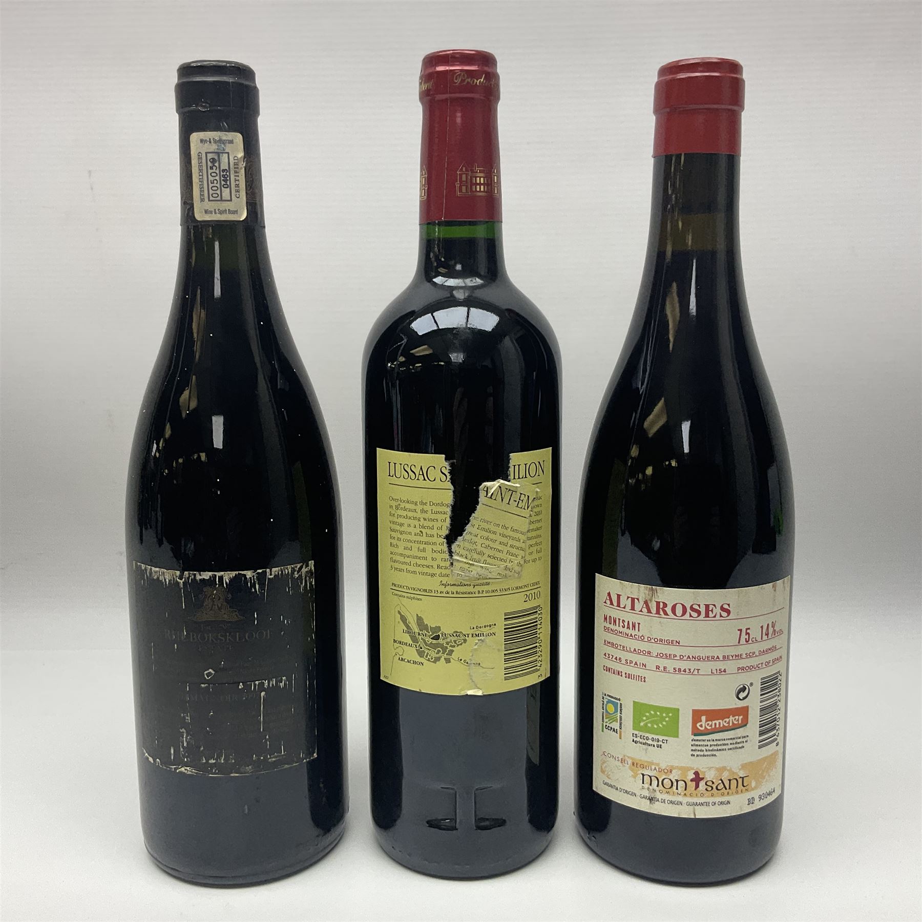 Mixed wine, comprising two bottles Les Jamelles 2009 Reserve Mourvedre, 750ml 13.5% vol, Joan d'Anguera 2015 Altaroses, 75cl 14% vol, Roc de Lussac 2010, Lussac-Saint-Emilion, 750ml, 14% vol and Rhebokskloof, 1997 Gamay Noir, 750ml, 13.5% vol (5)