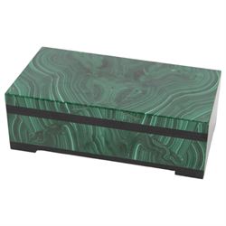 Mosaic malachite trinket box, of rectangular form, the hinged cover opening to reveal a black velvet interior, together with a smaller oval malachite box with removable cover, hinged box H4cm