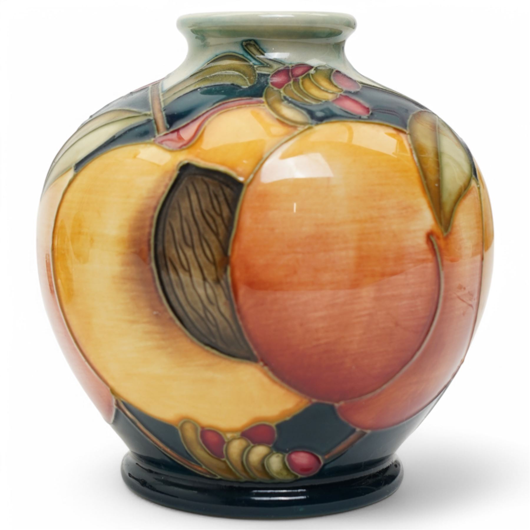 Moorcroft Peaches pattern globular vase from the Mediterranean series H11cm, Ingleswood saucer dish designed by Philip Gibson and a Prairie Summer vase H10cm (3) 