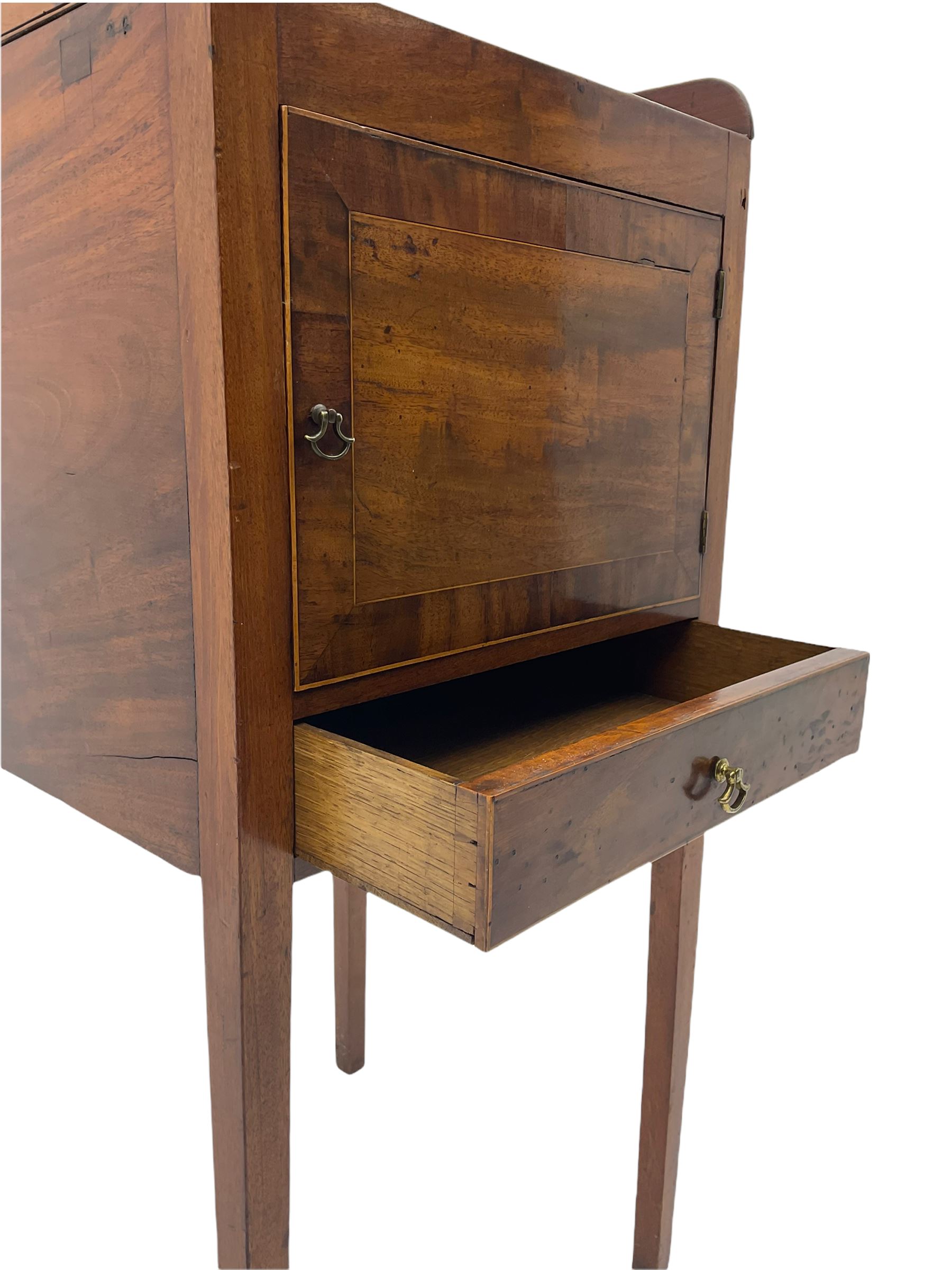 Early 19th century mahogany bedside pot cupboard, raised gallery back, enclosed by single door with band above single drawer, square supports