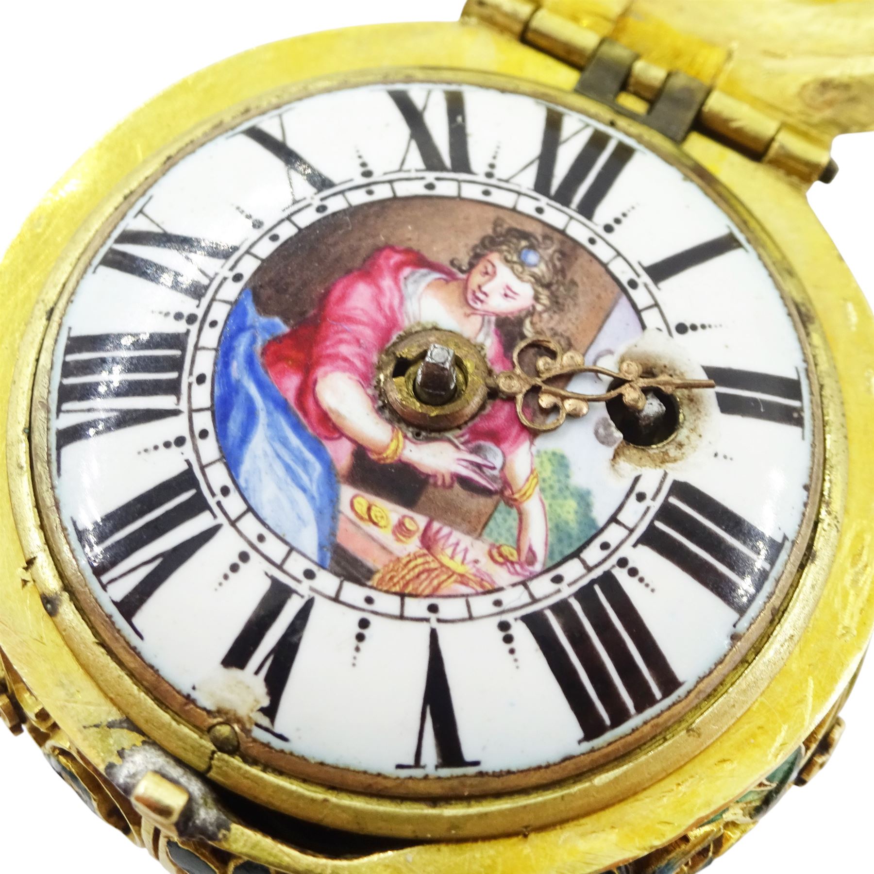 18th century 18ct gold fusee lever full hunter repousse pocket watch with later 19th century modifications to the movement, the 18th century case depicting figures in front of a tree with sheep in the background and enamelled leaf surround, the reverse depicting a classical scene with figures and horses, the side with enamelled bird and foliate decoration, 18th century polychrome dial with gilt hour hand, Roman numerals and quarter hour markers.