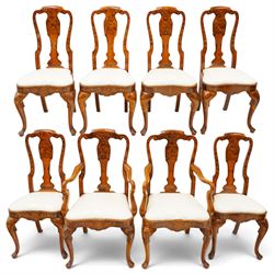 Set of eight (6+2) Dutch design walnut and floral marquetry dining chairs, the high backs ...