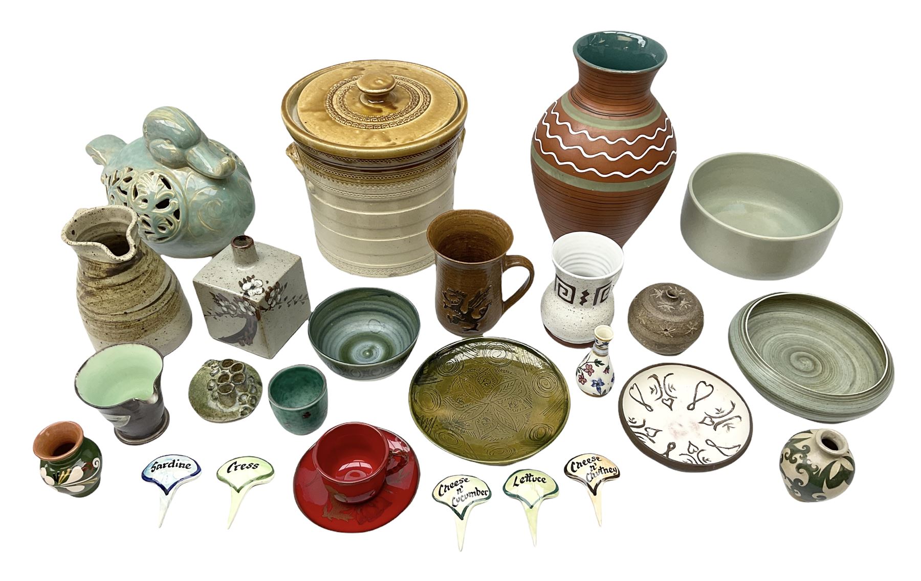 Quantity of studio pottery to include square section vase decorated with blossoming branches, other studio pottery to include jugs, bowls, vases etc, with various marks, duck egg b,J.E. bowl stamped Buchan, continental pottery, other stoneware pottery to include glazed jar with lid etc
