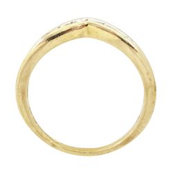 9ct gold diamond wishbone ring, channel set with thirteen round brilliant cut diamonds, hallmarked