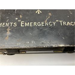 WW2 British Army RAMC 'Regimental Medical Pannier', well marked externally and dated 1941, stamped May 1943 internally, canvas covered wicker form with leather edges, hinged top and fall front with two rope carrying handles, fitted iron locking straps with securing chains; contains various unused field dressings and bandages with WW2 dates and two pillows; original label under lid L79cm