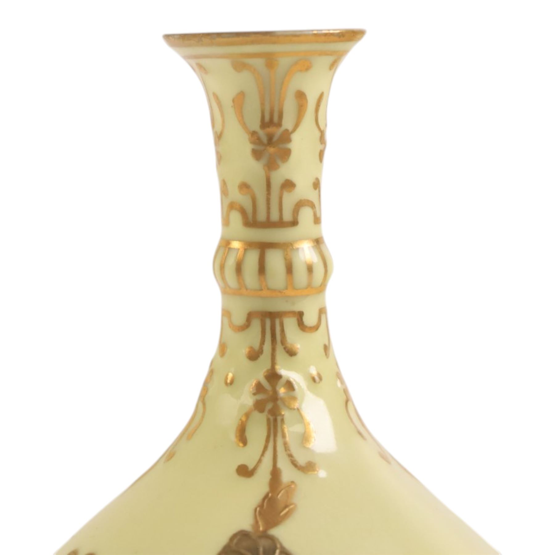 Pair of Royal Crown Derby bud vases, decorated with gilt floral sprigs upon a yellow ground, marked beneath, H14cm