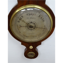  Early 19th century inlaid mahogany wheel barometer signed Jas. Usher Lincoln, with swan neck pediment above Dry/Damp, mirror, and level dials, H111cm  