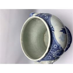 Large 20th century Delft blue and white jardinière, of baluster form with twin zoomorphic mask lug handles, decorated with hand painted panels of waterside scenes, within foliate surround, impressed and painted marks beneath for De Porceleyne Fles workshop, Delft, H35cm, rim D32