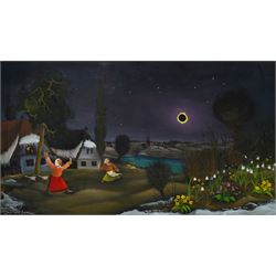 Ivan Večenaj (Yvan Vecanaj) (Croatian 1920-2013): 'Eclipse of the Sun', glass painting sig...