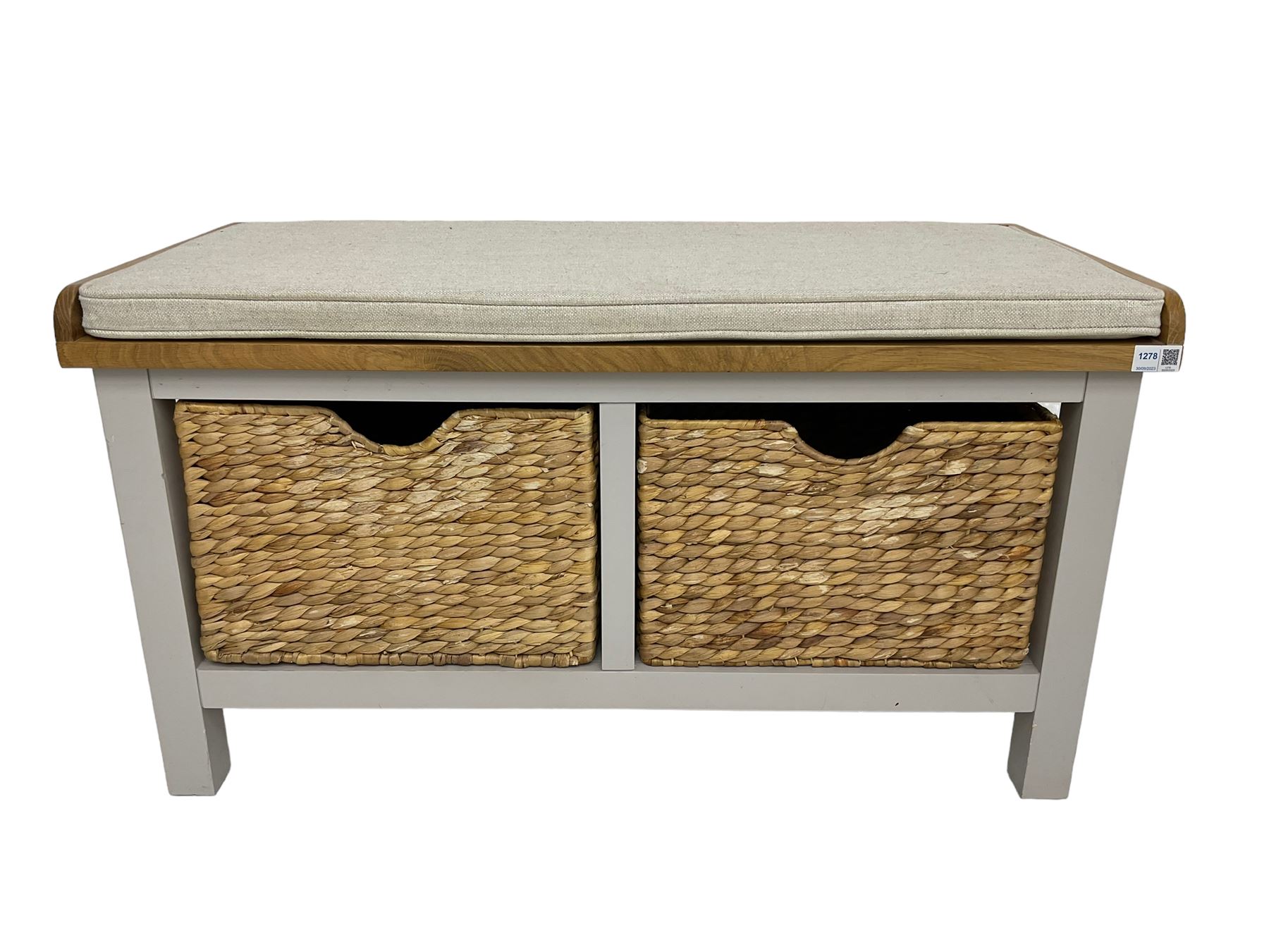 Roseland Farrow - oak and grey finish hallway bench with baskets and squab cushion 