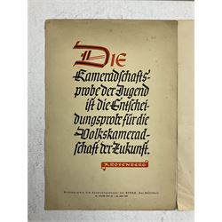 Collection of eight pre-WW2 German Propaganda poster style cards each printed in black and red with sayings by NSDAP leaders and German historical leaders,  featuring quotes by Adolf Hitler, von Goethe, Rosenberg, Magnus Wehner, Moltke, Kolbenheyer etc, each dated 1938 35 x 23.5cm unframed (8)