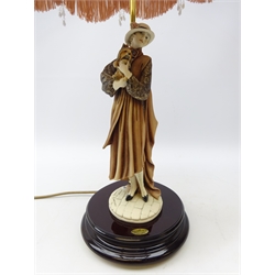  Giuseppe Armani Florence table lamp, Art Deco style in the form of a lady holding a Yorkshire Terrier with shade, H73cm   