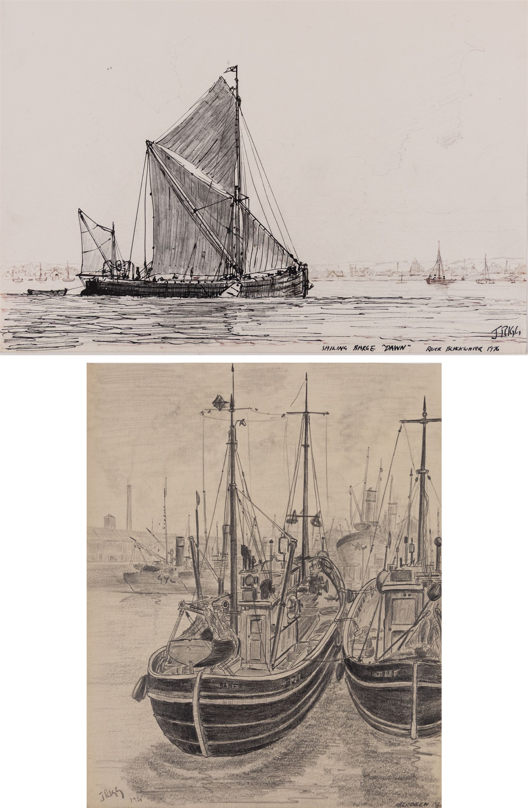 Jack Rigg (British 1927-2023): 'Aberdeen' and 'Sailing Barge Dawn - River Blackwater', one pencil and one ink sketch signed, titled and dated 1956 and 1976, max 28cm x 23cm (2) (unframed)