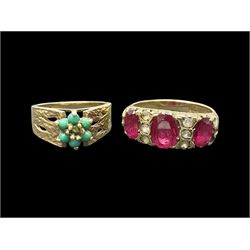 Gold paste stone set dress ring and a turquoise cluster ring, both hallmarked 9ct