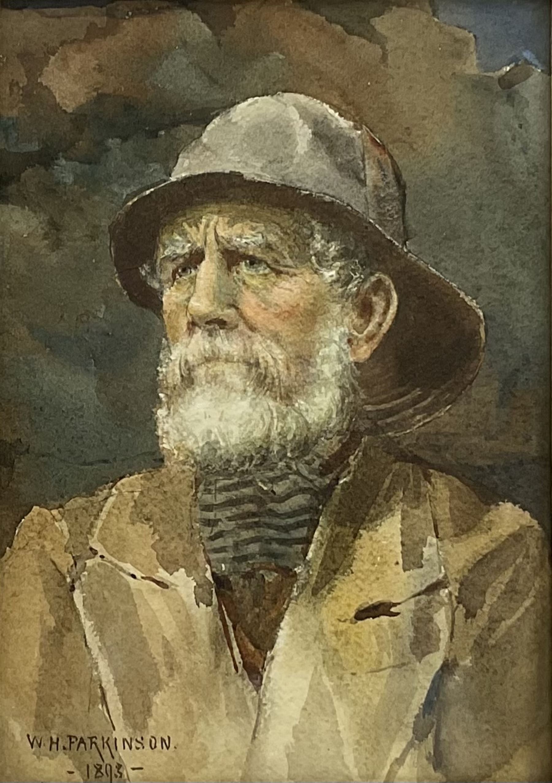 William H Parkinson (British 1864-1916): 'An Old Seaman', watercolour signed and dated 1893, original title label with artist's address verso 30cm x 21cm
Notes: Parkinson is listed as living in Bradford and exhibiting in both Bradford and Leeds