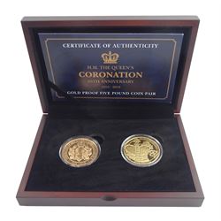 Queen Elizabeth II 'H.M The Queen's Coronation 65th Anniversary', two gold proof five pound coins dated 2018, countries of issue Jersey and Isle of Man, cased with certificate