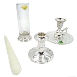  Ex retail: Silver dwarf candlestick, crystal silver mounted chamber stick and and posy vase, all hallmarked and boxed (3)  