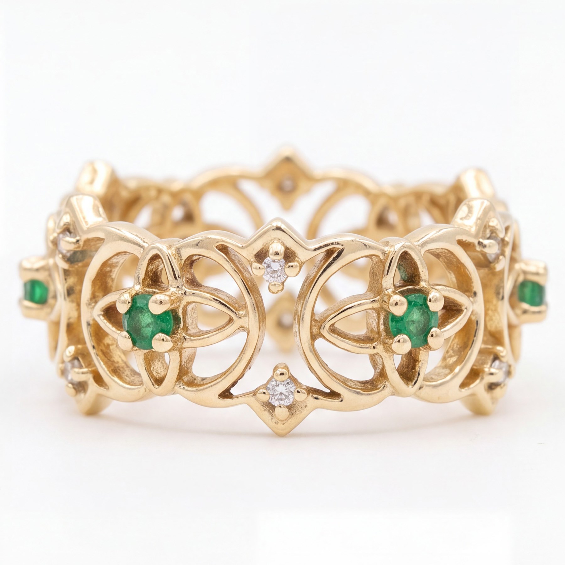 14ct gold emerald and diamond Celtic design full eternity ring by Franklin Mint, London import mark