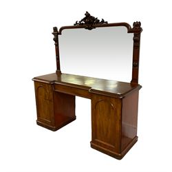 Late 19th century mahogany mirror back sideboard, shaped rectangular mirror flanked by cartouche finials over scroll and foliate carved uprights, shaped rectangular top with moulded edge supported by twin pedestals, the panelled doors enclosing shelves and drawers