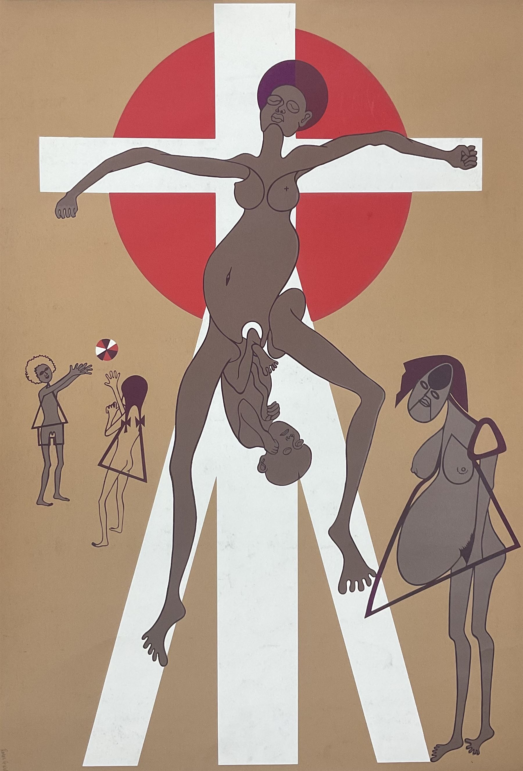 Rolph G Webster (British 20th Century): Woman gives birth on the Cross, screen print signed and dated '74, 76cm x 50cm; Ben C** (British 20th Century): Abstract Diamonds, artists proof lithograph indistinctly signed, dated '70 and numbered 7/10, 102cm x 68cm (2)