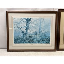 Five limited edition framed coloured prints of shooting interest comprising after C. Stanley Todd game birds taking flight in a mountainous lake landscape no.348/600; after J.C. Harrison game birds in flight over fields no.285/500; after Alan B. Hayman  'A Right and Left?' no.398/850; after Andy Beck 'Pheasant Drive' no.56/350; and after Leo Stans 'Autumn Air'; all signed on the mount; various frames (5)