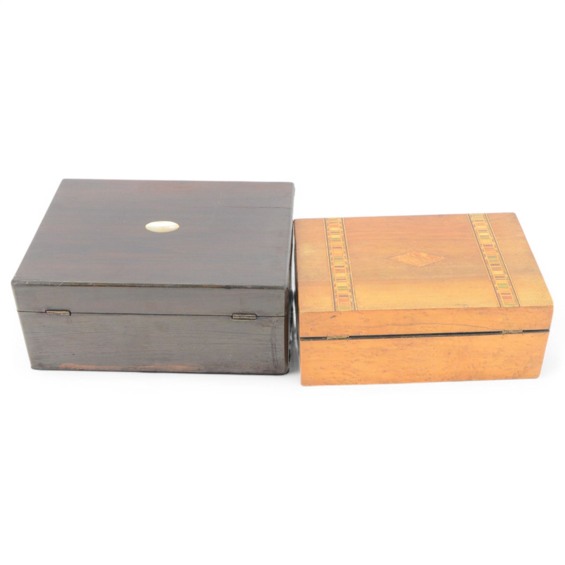 19th century walnut box, with Tunbridge style banding, together with another box 