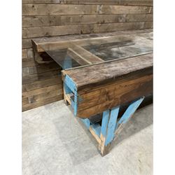 Large timber work bench with central glass section, and two pairs of vintage wooden step ladders (3)