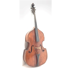  Late 19th century German three-quarter double bass with flat two-piece maple back and ribs, spruce top, Bohemian beech neck and pearwood veneer finger board, H194cm overall  