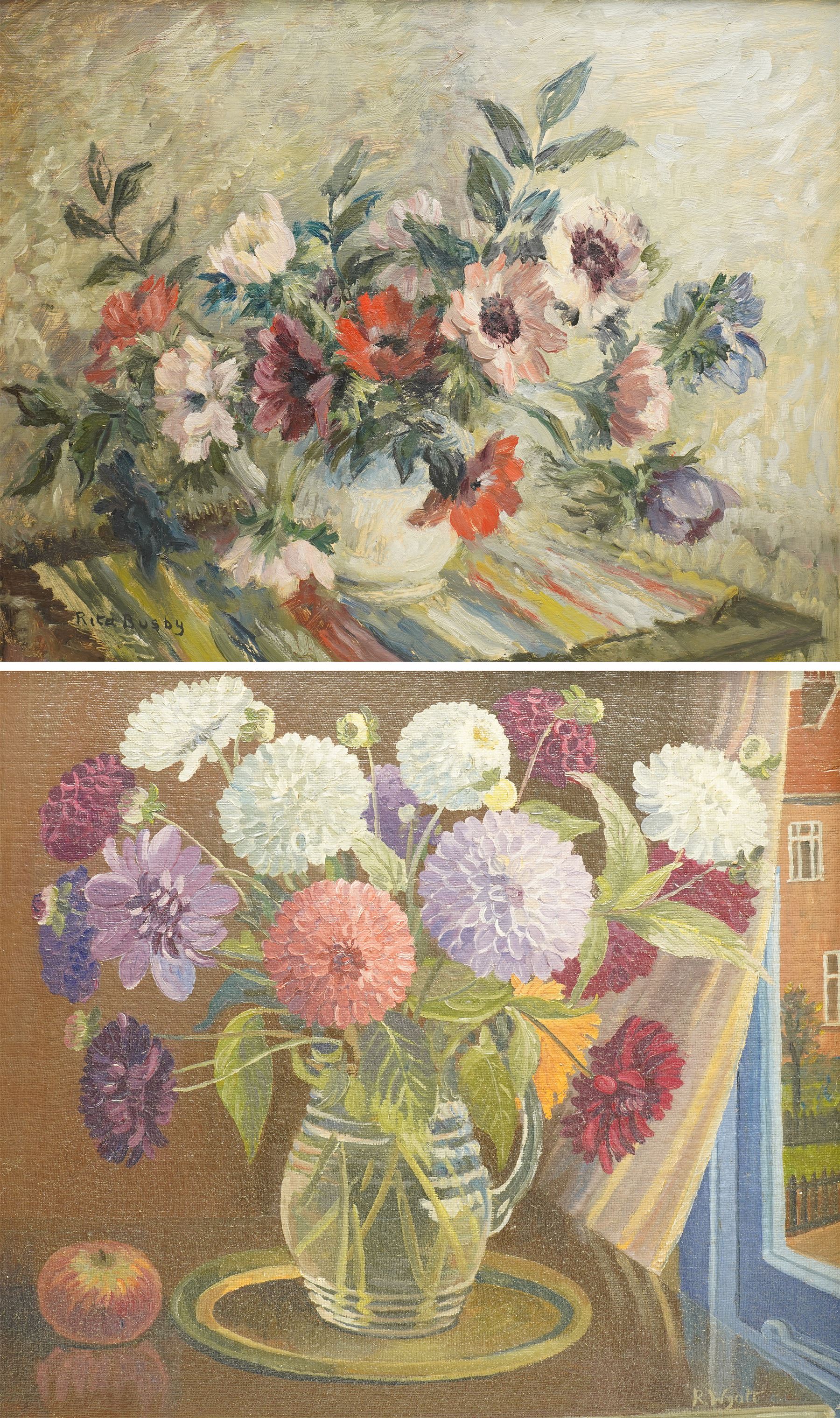 Rita Busby (British 20th century): Still Life of Flowers in a Vase, double-sided oil on board signed 40cm x 50cm; R Wyatt (British 1945-): Still Life of Chrysanthemums by the Window, oil on board signed 45cm x 50cm (2)