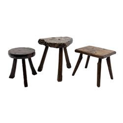 Collection of three mid 20th century stools by Jack Grimble of Cromer - rectangular tooled oak seat on four splayed supports (38cm x 31cm, H35cm), circular tooled burr oak seat on three supports (D29cm, H35cm), shaped burr top on three supports (L44cm, H45cm), each signed underneath
